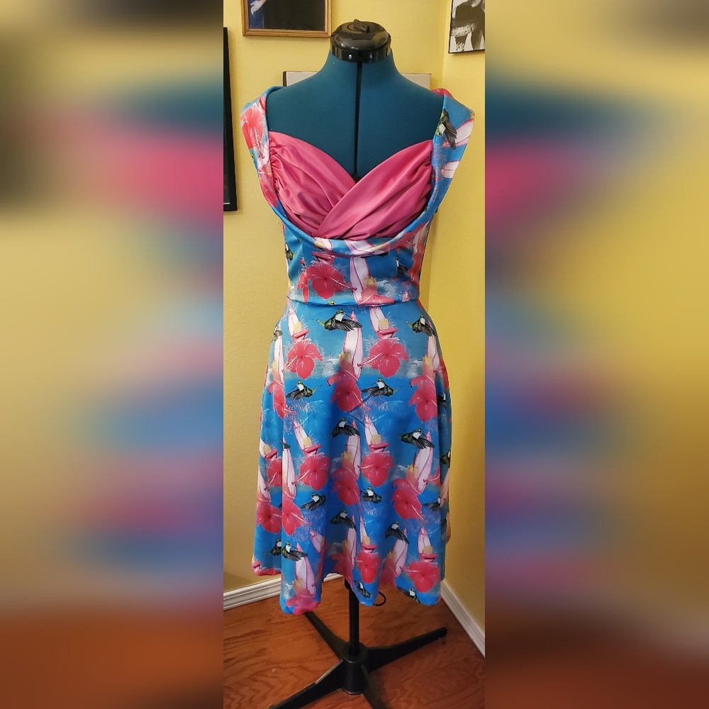 Lindy Bop Strapless Dress in Blue and Pink Floral